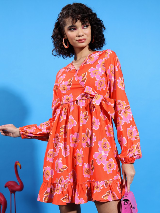 Ketch Women Orange Printed Wrap Dress - Orange - Image 1