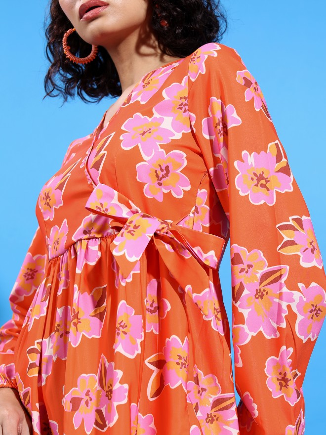 Ketch Women Orange Printed Wrap Dress - Orange - Image 5