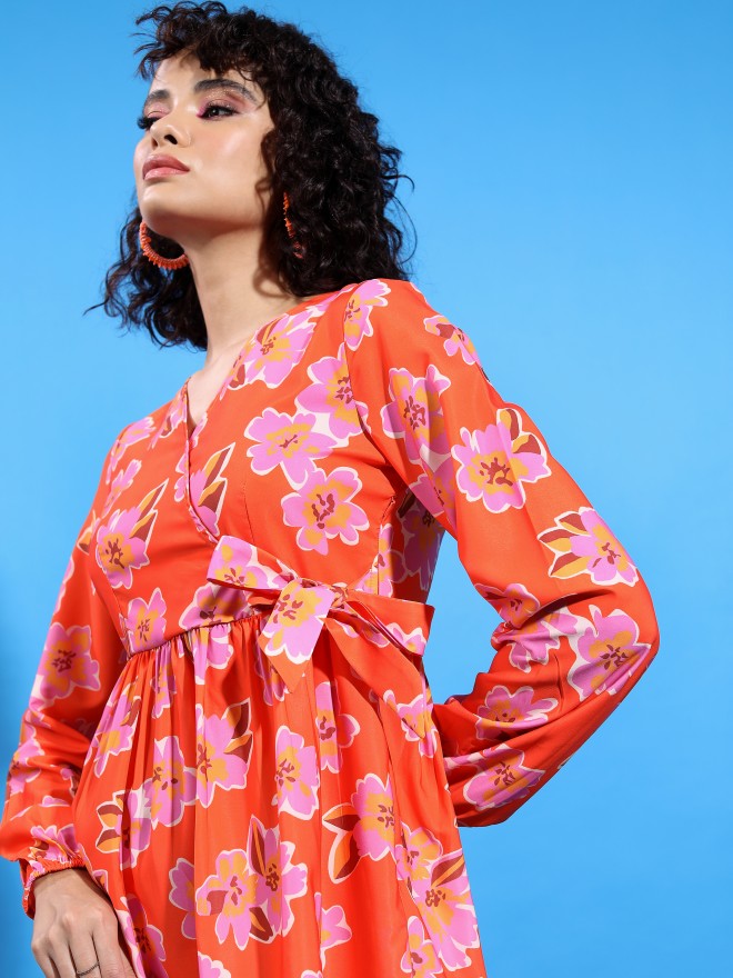 Ketch Women Orange Printed Wrap Dress - Orange - Image 7
