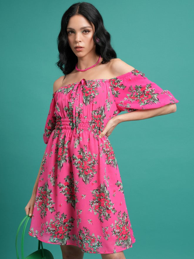Ketch Women Pink/Green Printed Fit & Flare Dress - Pink - Image 1