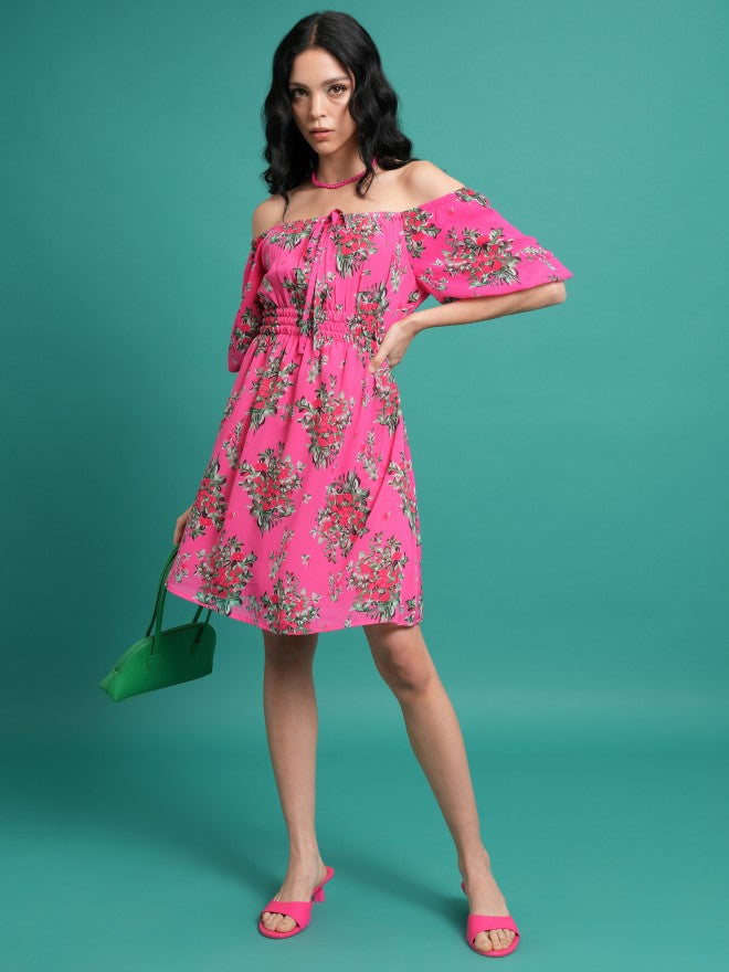 Ketch Women Pink/Green Printed Fit & Flare Dress - Pink - Image 2