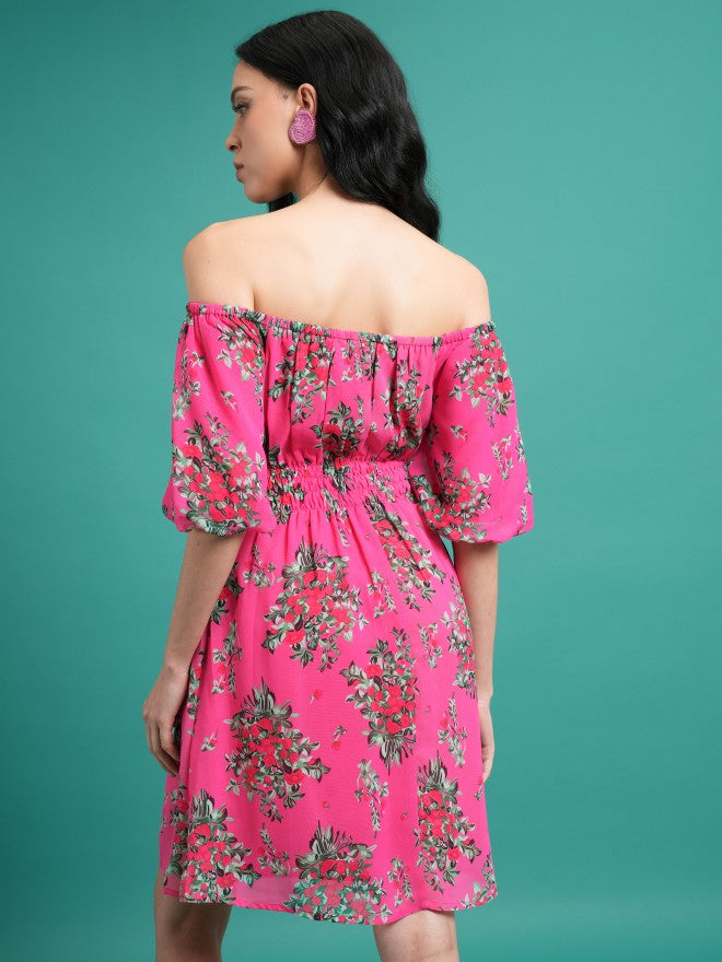 Ketch Women Pink/Green Printed Fit & Flare Dress - Pink - Image 3