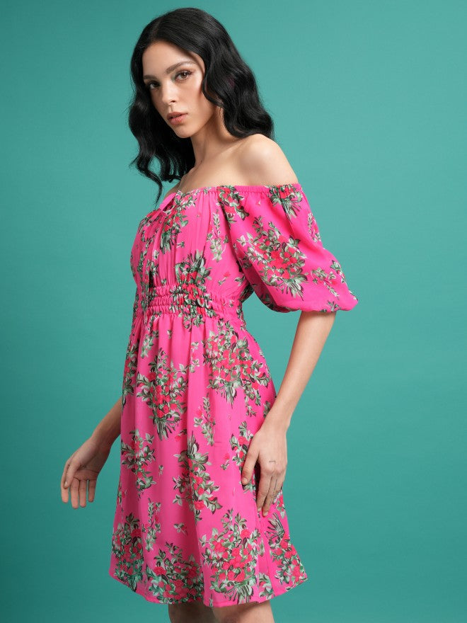 Ketch Women Pink/Green Printed Fit & Flare Dress - Pink - Image 4