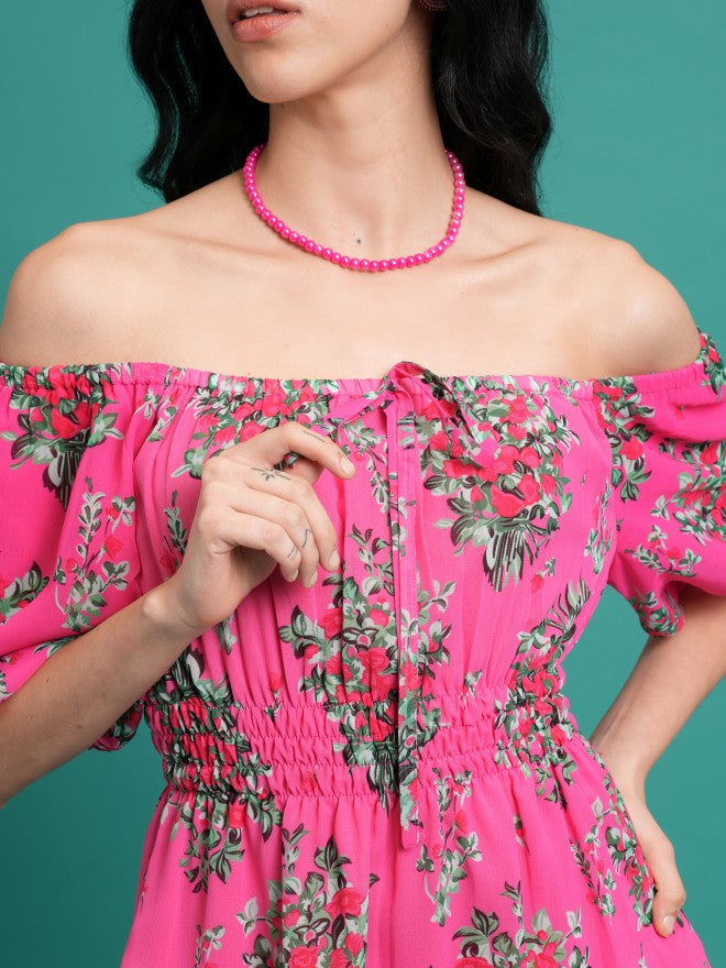 Ketch Women Pink/Green Printed Fit & Flare Dress - Pink - Image 5