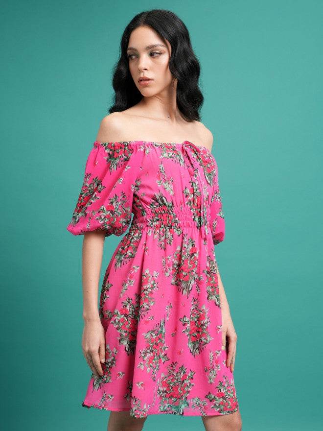 Ketch Women Pink/Green Printed Fit & Flare Dress - Pink - Image 6