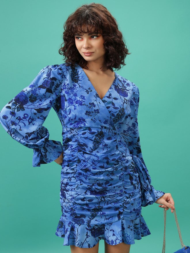 Ketch Women Blue Printed Wrap Dress - Blue - Image 1