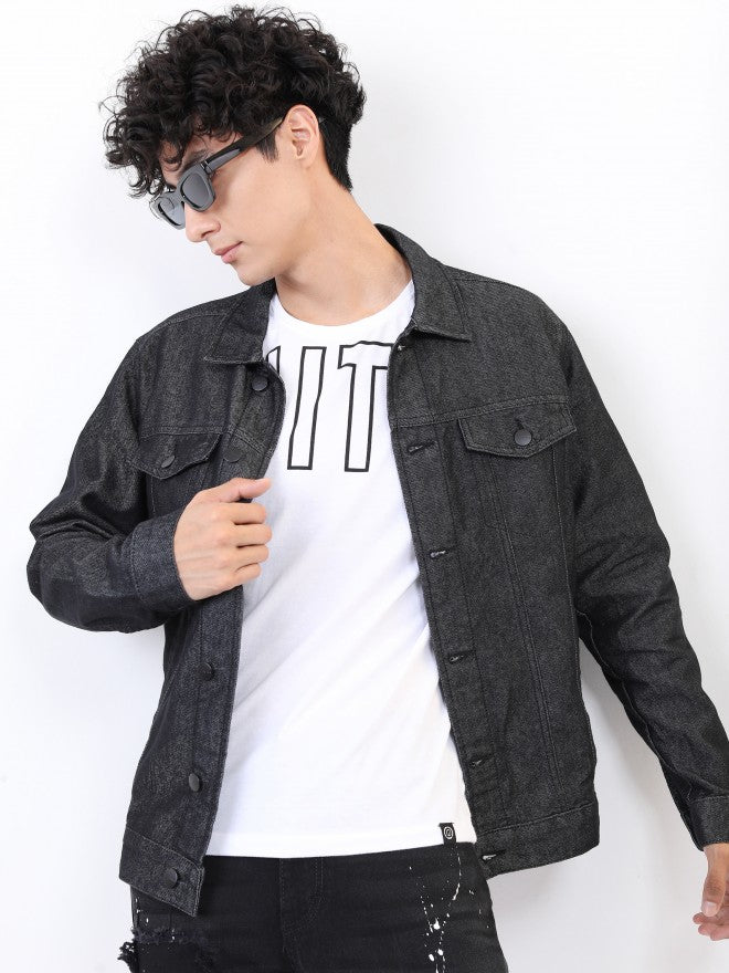 Ketch Men Black Solid Denim Jacket - Black - Image 1