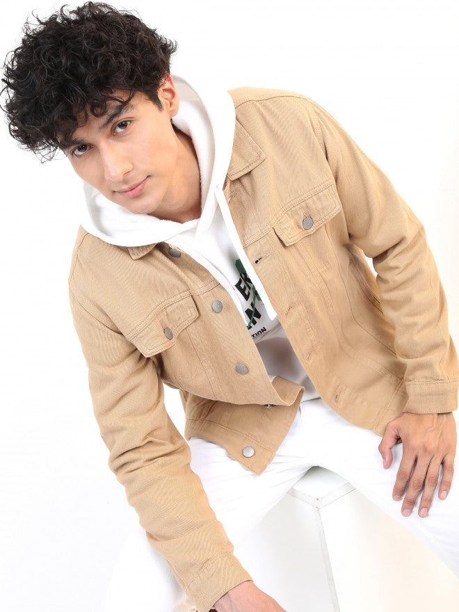 Ketch Men Beige Solid Denim Jacket - Beige - Image 1