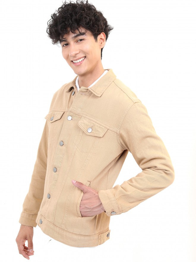 Ketch Men Beige Solid Denim Jacket - Beige - Image 4