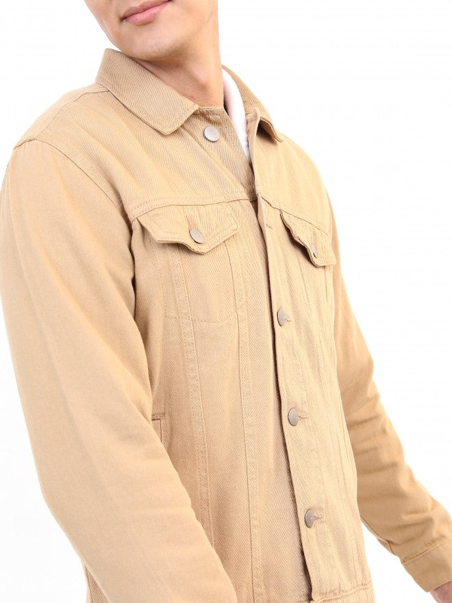 Ketch Men Beige Solid Denim Jacket - Beige - Image 5