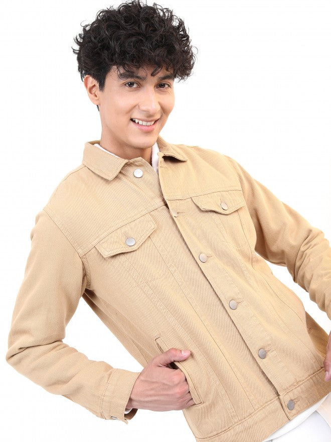 Ketch Men Beige Solid Denim Jacket - Beige - Image 6