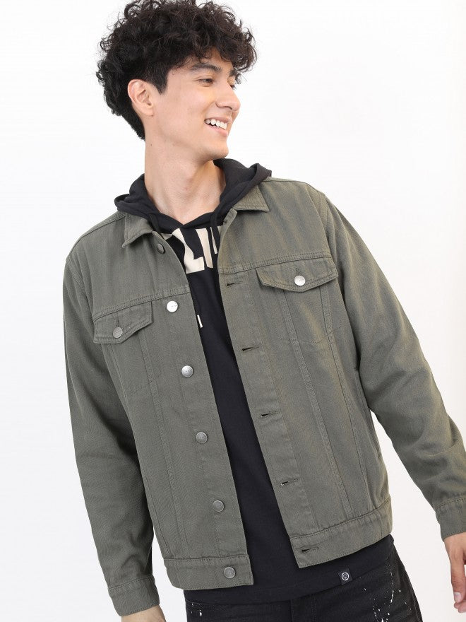 Ketch Men Olive Solid Denim Jacket - Olive - Image 1