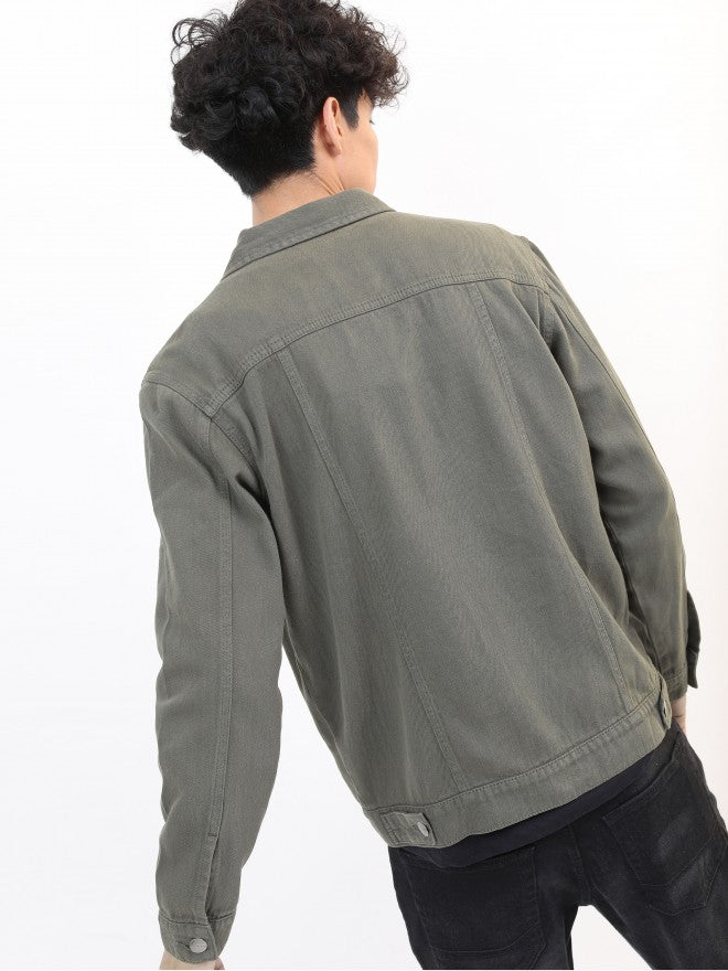 Ketch Men Olive Solid Denim Jacket - Olive - Image 3