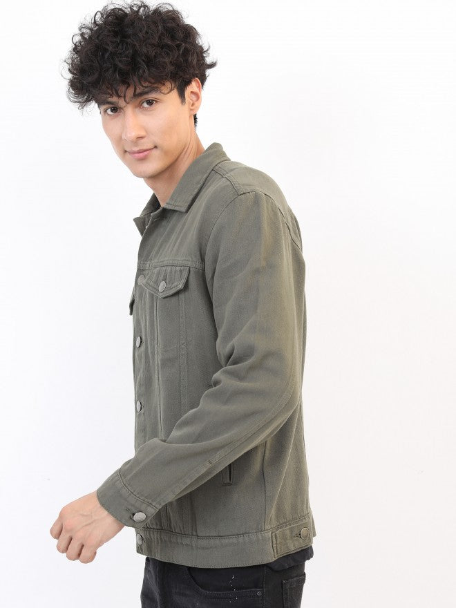 Ketch Men Olive Solid Denim Jacket - Olive - Image 4