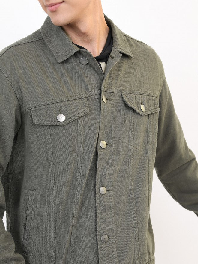Ketch Men Olive Solid Denim Jacket - Olive - Image 5