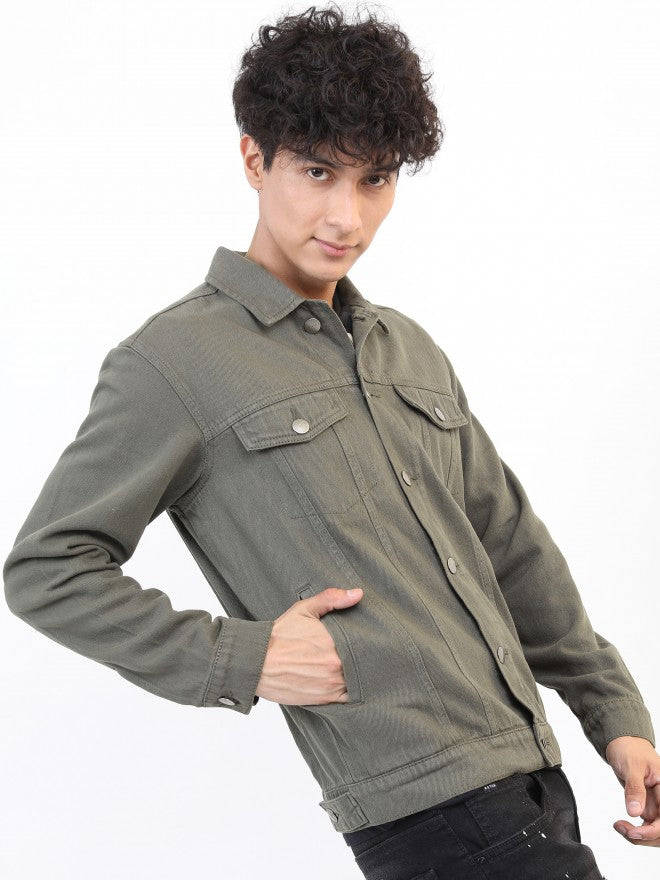 Ketch Men Olive Solid Denim Jacket - Olive - Image 6