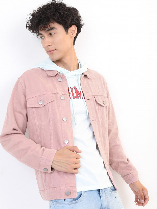 Ketch Men Pink Solid Denim Jacket - Pink - Image 1
