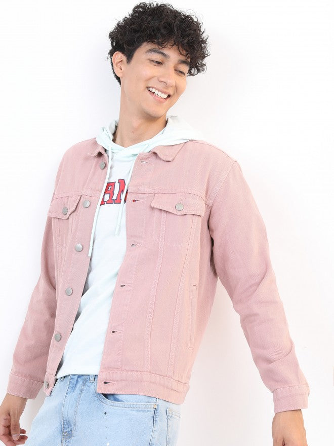Ketch Men Pink Solid Denim Jacket - Pink - Image 4