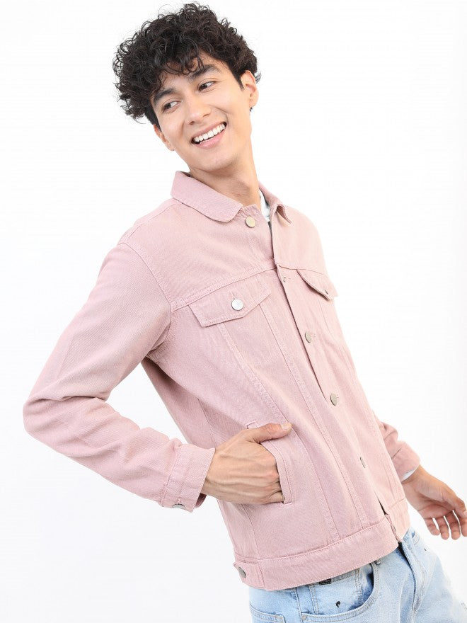 Ketch Men Pink Solid Denim Jacket - Pink - Image 6