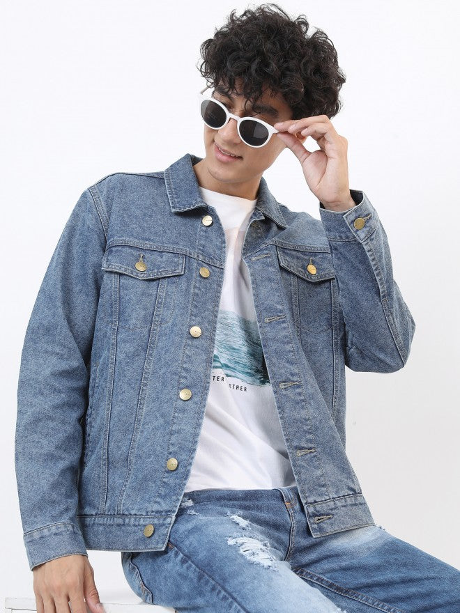 Ketch Men Navy Blue Solid Denim Jacket - Navy Blue - Image 1
