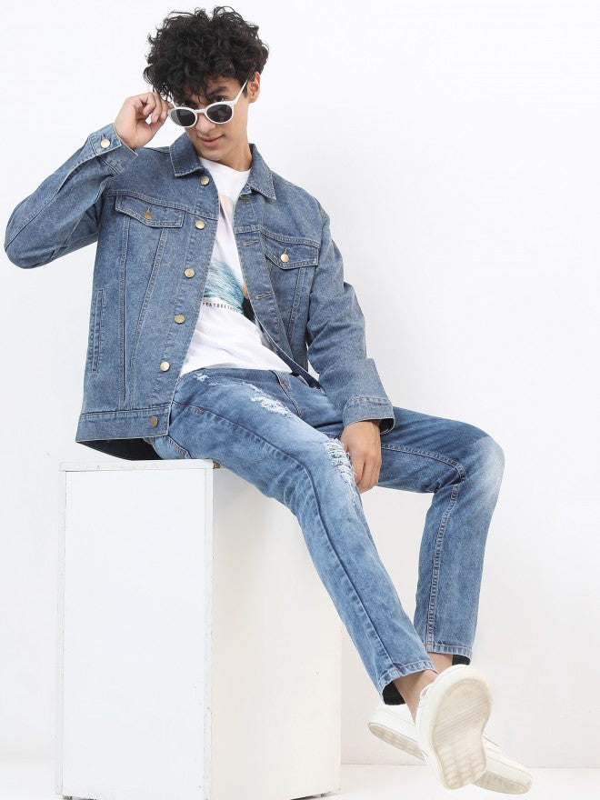 Ketch Men Navy Blue Solid Denim Jacket - Navy Blue - Image 2