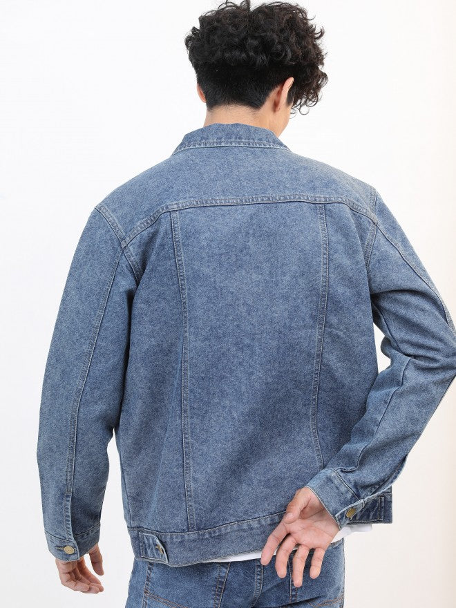 Ketch Men Navy Blue Solid Denim Jacket - Navy Blue - Image 3