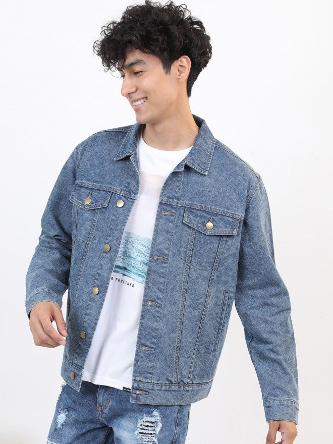 Ketch Men Navy Blue Solid Denim Jacket - Navy Blue - Image 4