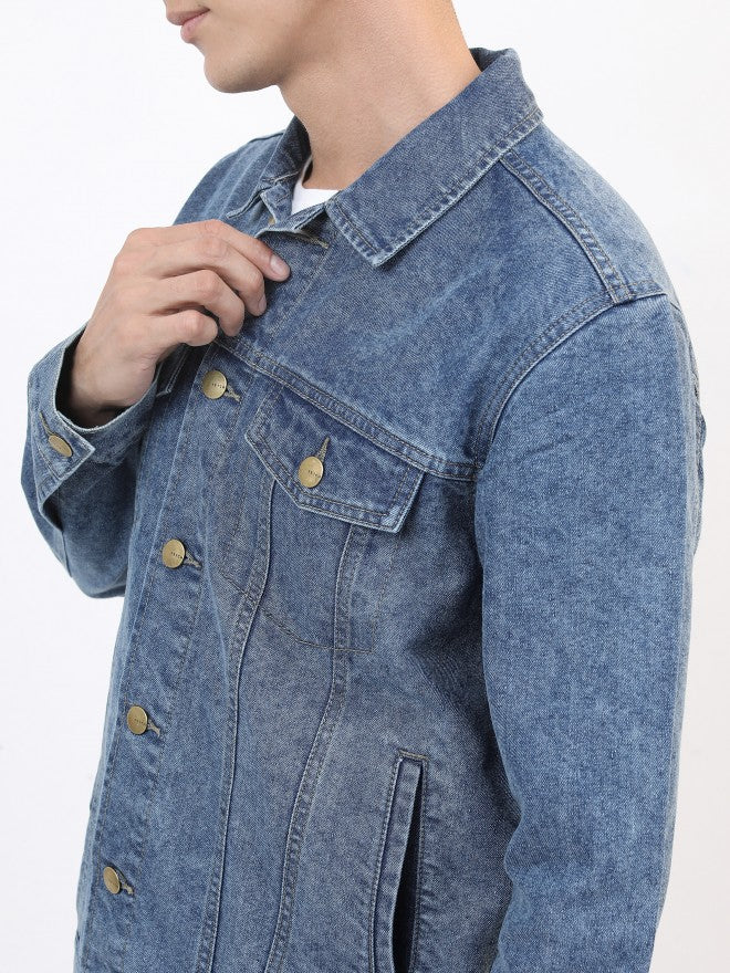 Ketch Men Navy Blue Solid Denim Jacket - Navy Blue - Image 5