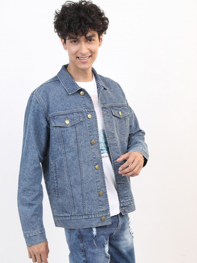 Ketch Men Navy Blue Solid Denim Jacket - Navy Blue - Image 6
