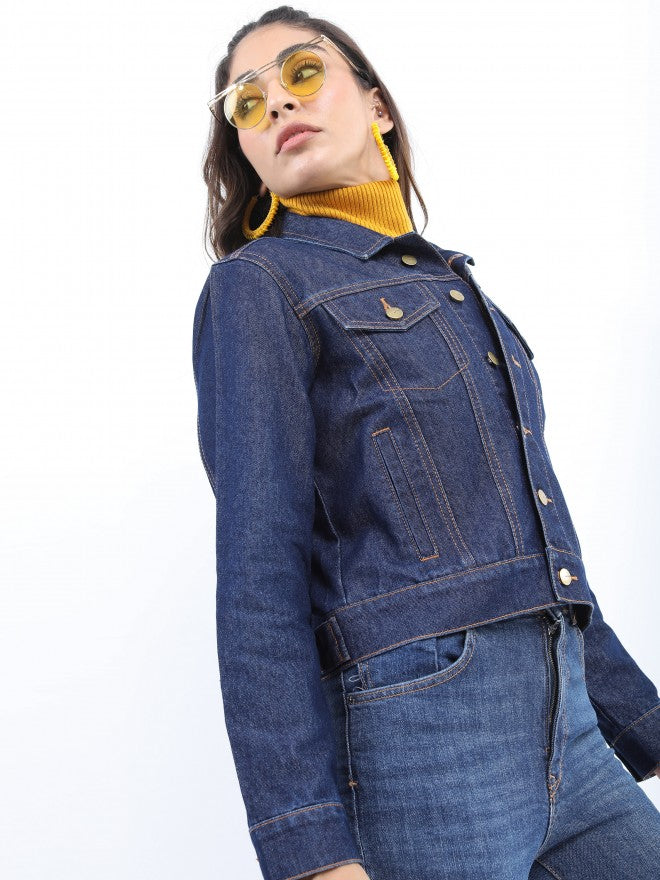 Ketch Women Navy Blue Denim Jacket - Navy Blue - Image 6
