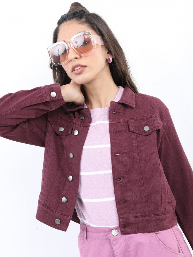 Ketch Women Maroon Denim Jacket - Maroon - Image 1