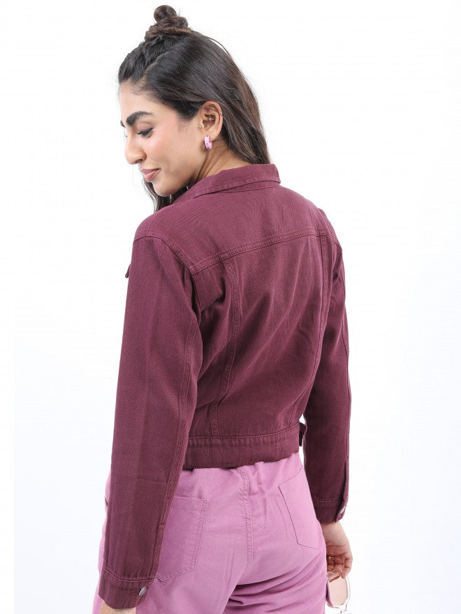 Ketch Women Maroon Denim Jacket - Maroon - Image 3