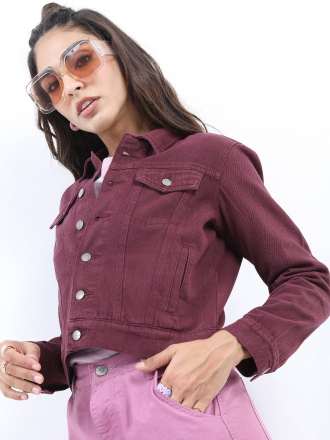 Ketch Women Maroon Denim Jacket - Maroon - Image 4
