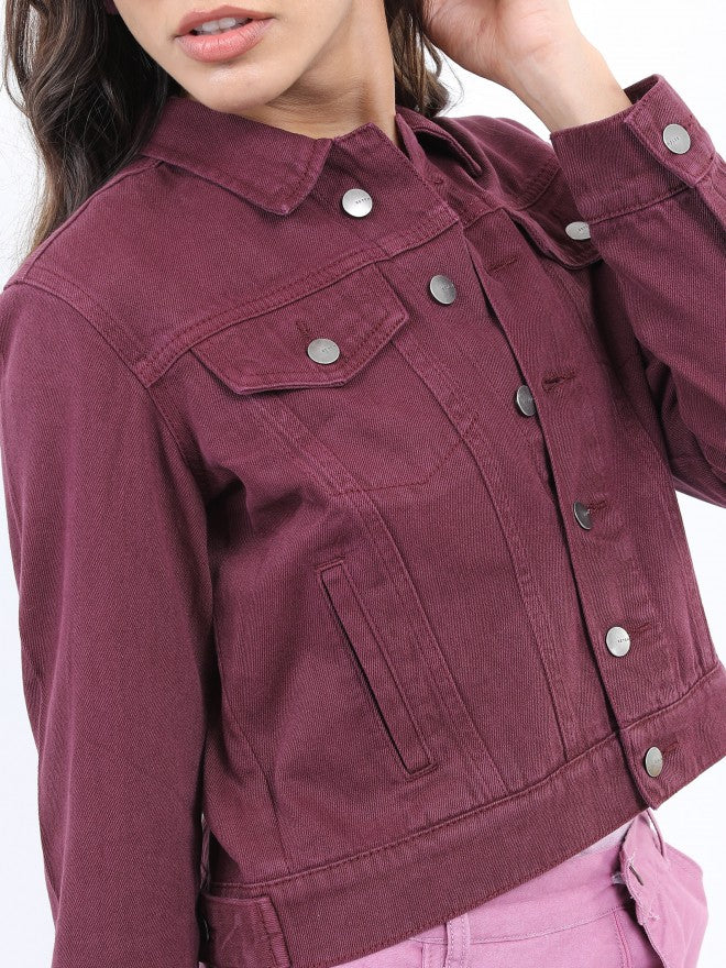 Ketch Women Maroon Denim Jacket - Maroon - Image 5