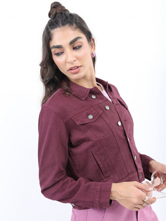 Ketch Women Maroon Denim Jacket - Maroon - Image 6