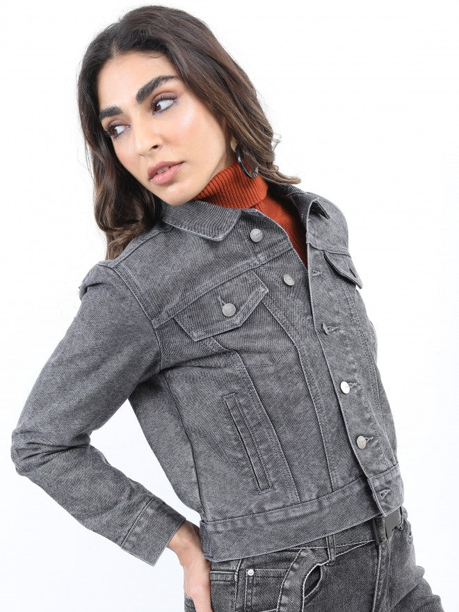 Ketch Women Grey Denim Jacket - Grey - Image 6