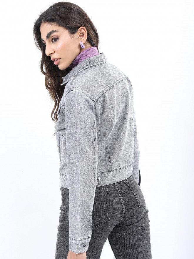 Ketch Women Grey Denim Jacket - Grey - Image 3