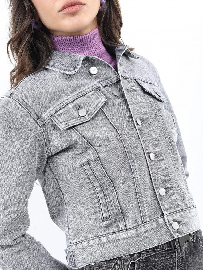 Ketch Women Grey Denim Jacket - Grey - Image 5