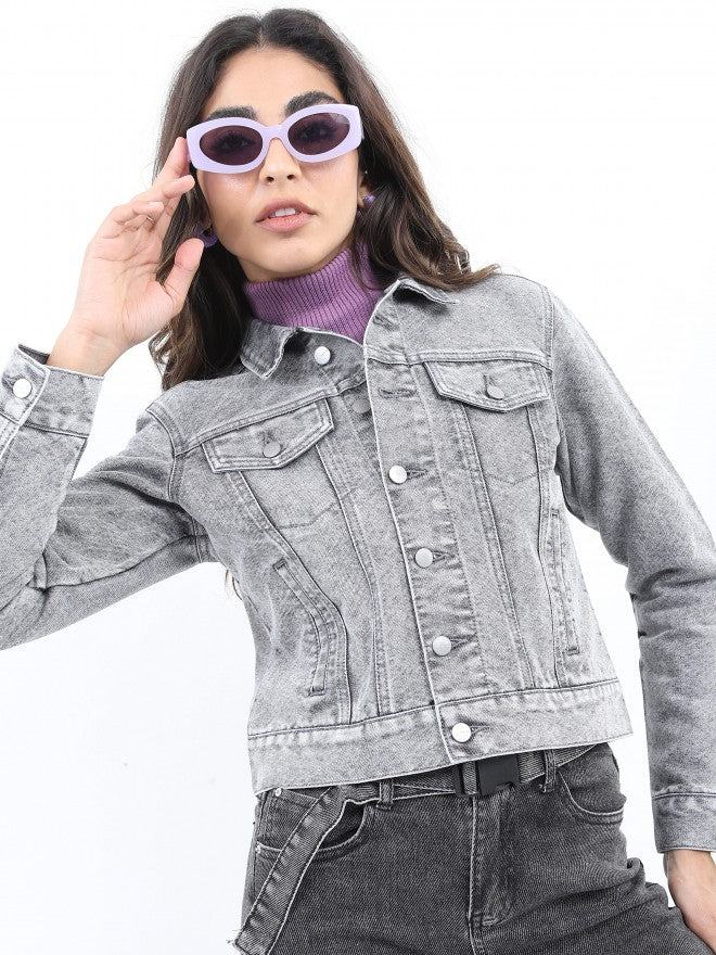 Ketch Women Grey Denim Jacket - Grey - Image 6
