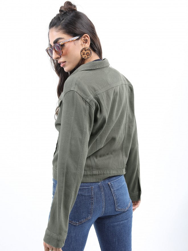 Ketch Women Green Denim Jacket - Green - Image 3