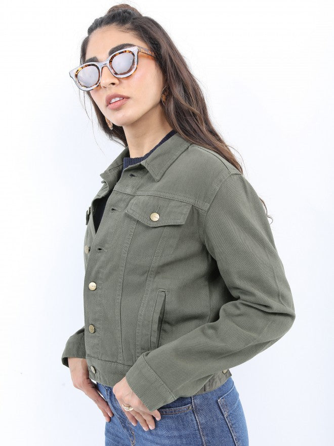 Ketch Women Green Denim Jacket - Green - Image 4