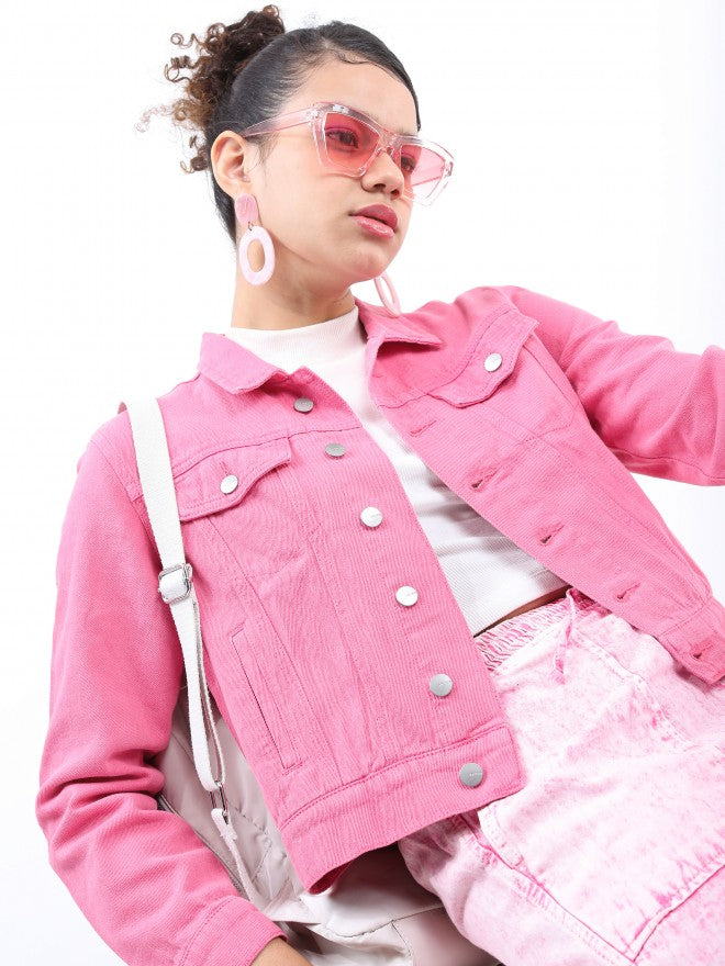 Ketch Women Pink Denim Jacket - Pink - Image 1