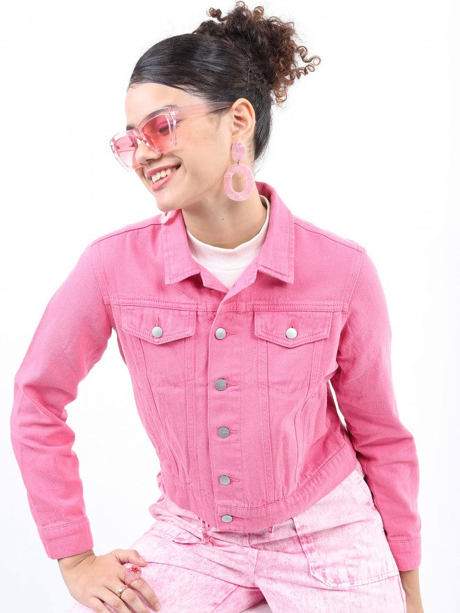 Ketch Women Pink Denim Jacket - Pink - Image 4