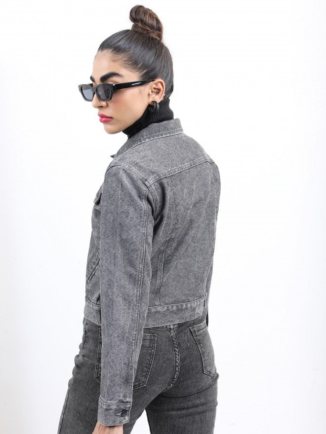 Ketch Women Grey Denim Jacket - Grey - Image 3