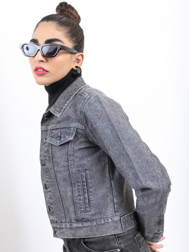Ketch Women Grey Denim Jacket - Grey - Image 4