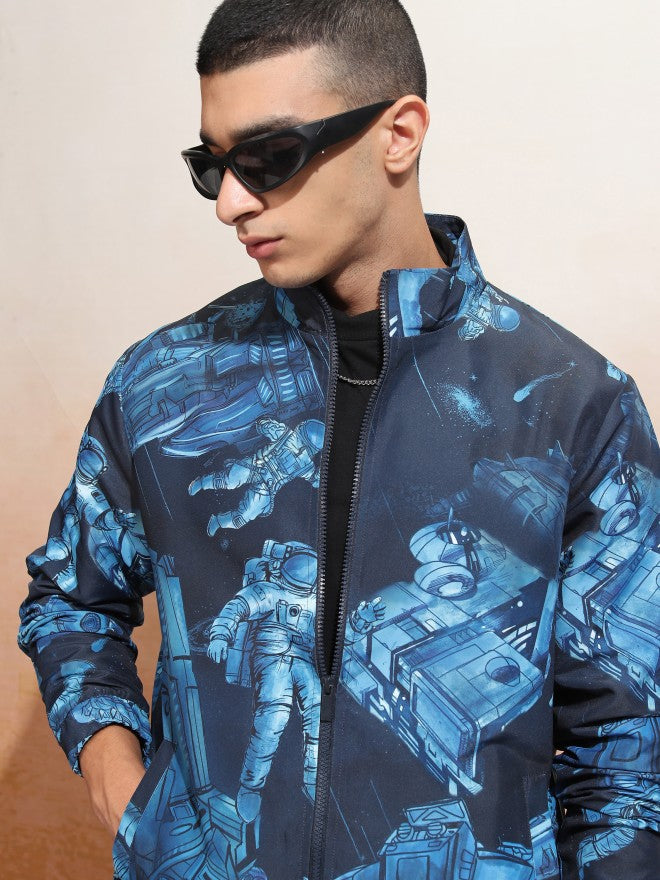 Ketch Men Black Printed Bomber Jacket - Navy Blue - Image 1