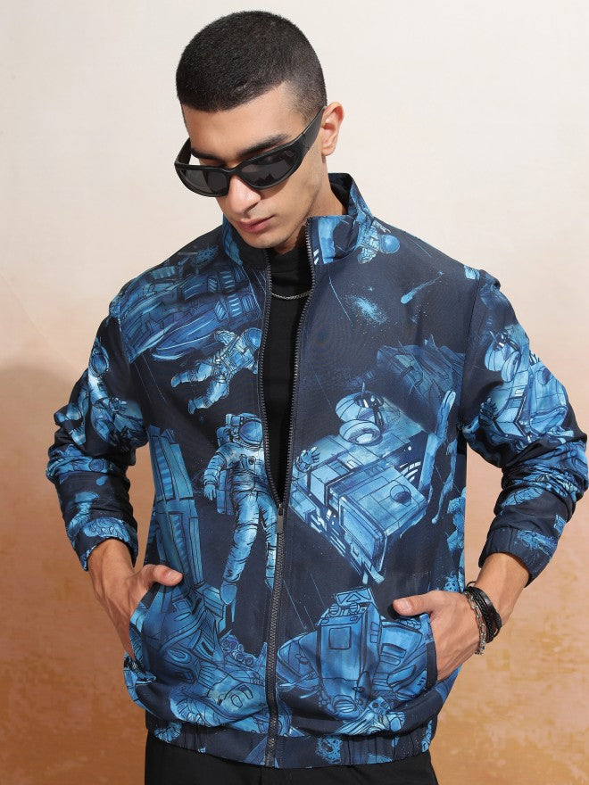 Ketch Men Black Printed Bomber Jacket - Navy Blue - Image 4