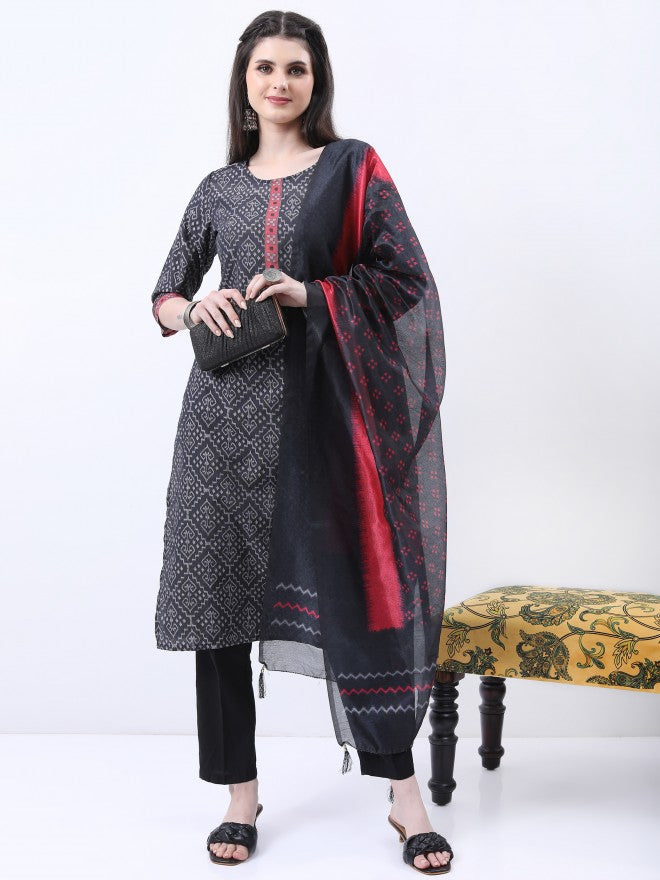 Ketch Women Black Printed Kurta With Trouser And Dupatta - Black - Image 1