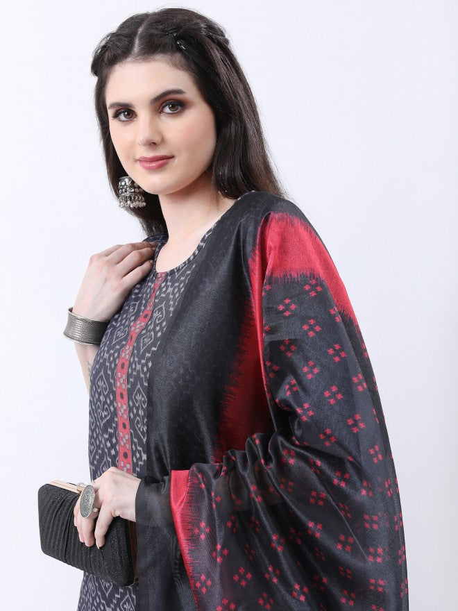 Ketch Women Black Printed Kurta With Trouser And Dupatta - Black - Image 2