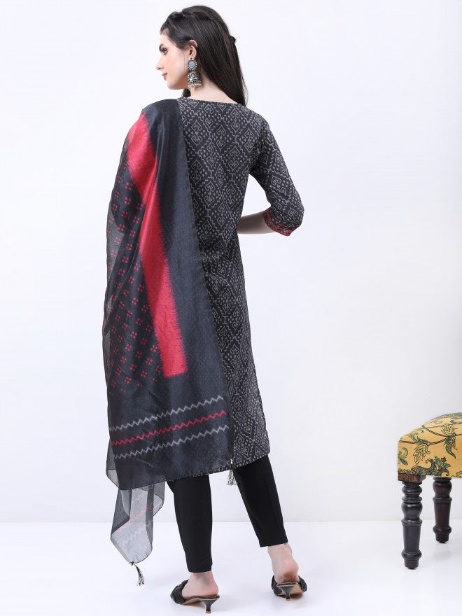 Ketch Women Black Printed Kurta With Trouser And Dupatta - Black - Image 3